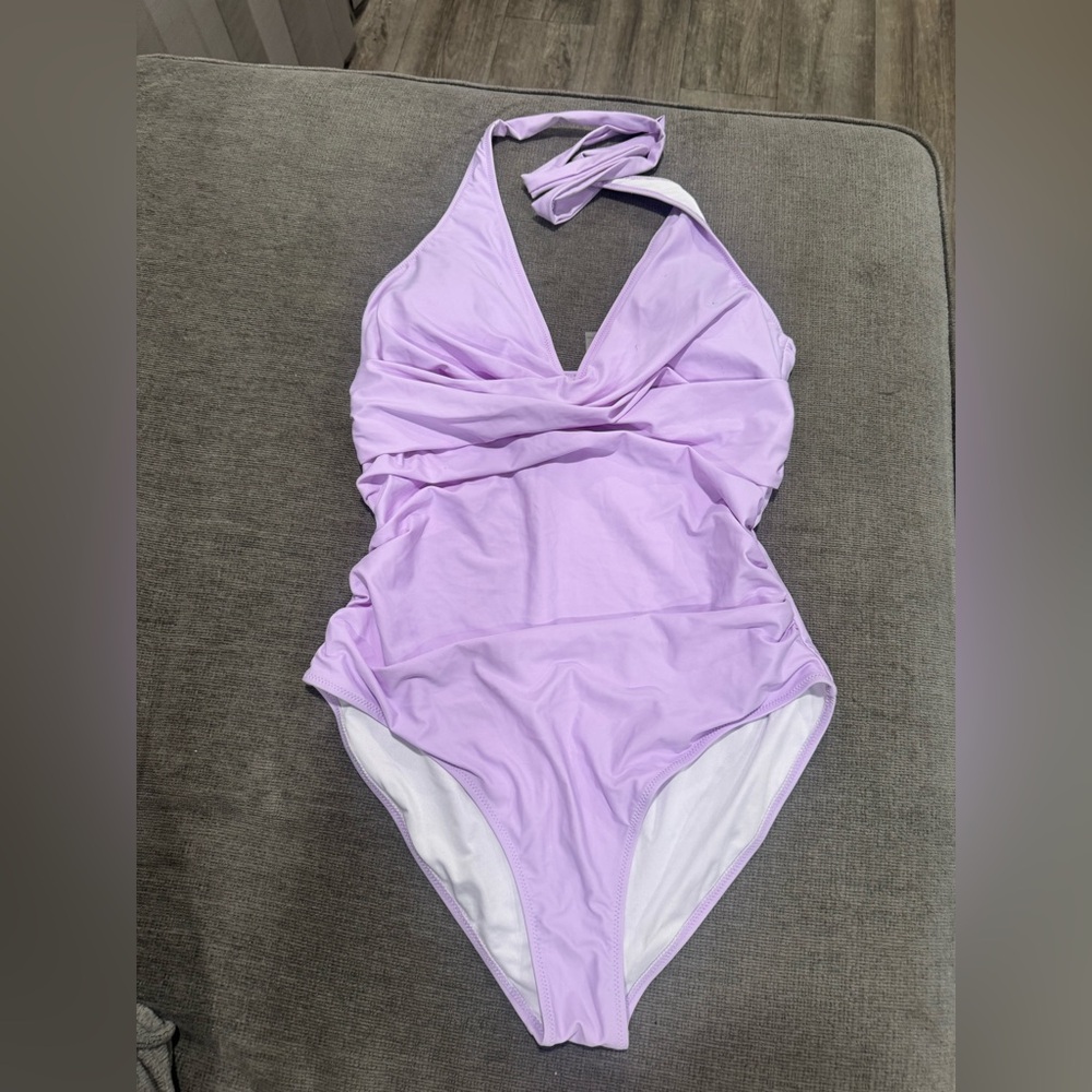Lavender Ruched Halter One-Piece Swimsuit - Picture 8 of 12